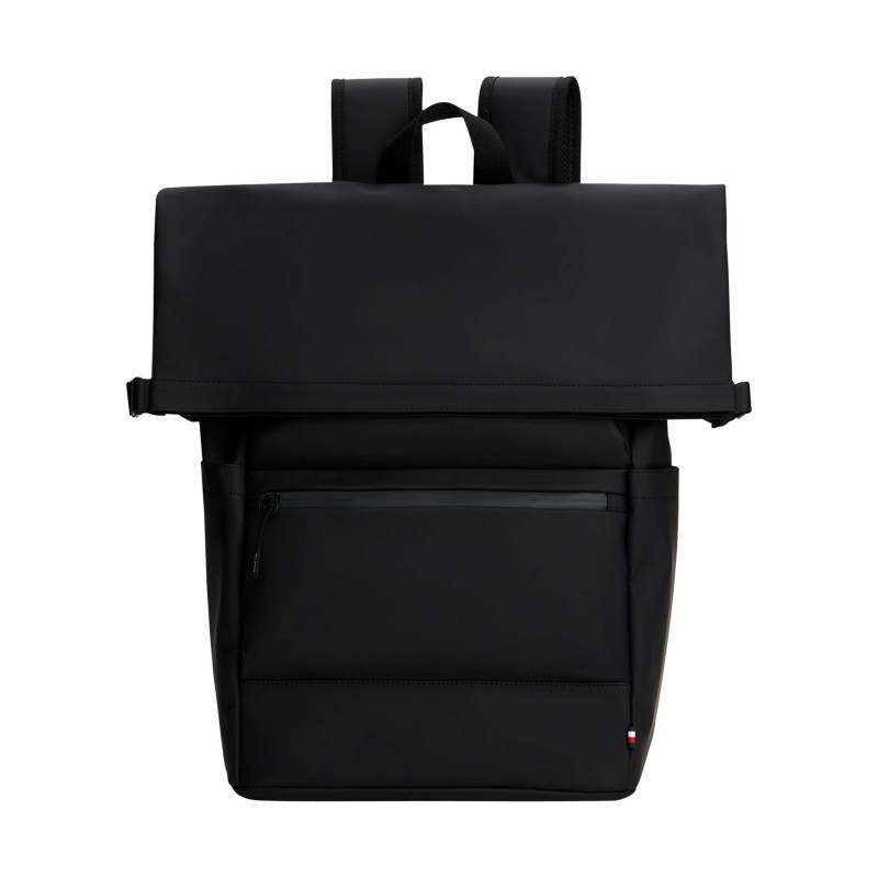 Tommy Hilfiger - Sac à Dos Noir Uni à Rabat Roulé Avec Fermeture à Zips Et Clips - Noir