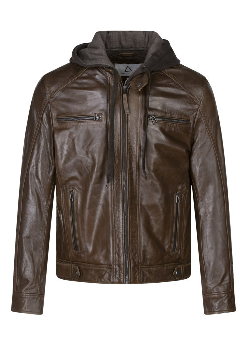 Blouson en cuir en cuir marron uni avec une coupe droite et un col à capuche