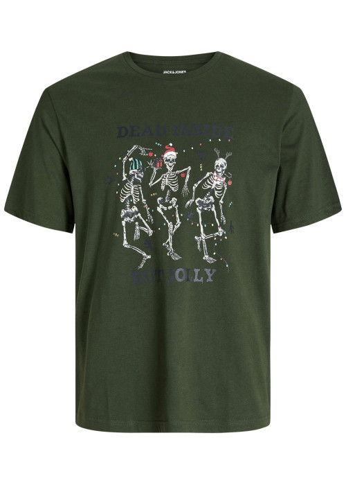 T-shirt en coton kaki imprimé Noël avec une coupe droite et un col rond