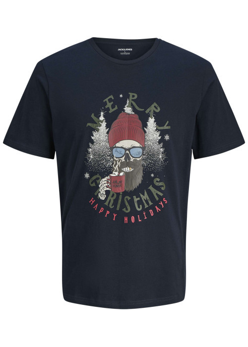 T-shirt en coton bleu marine imprimé Noël avec une coupe droite et un col rond