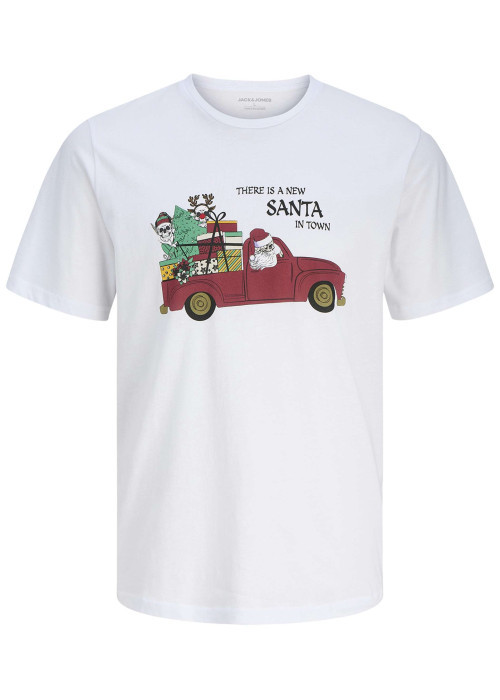 T-shirt en coton blanc imprimé Noël avec une coupe droite et un col rond