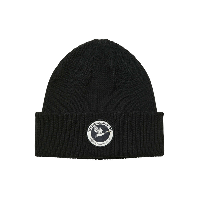 Jack & Jones - Bonnet En Coton Noir Uni En Maille Avec Un Patch Sur Le Revers - Noir Jack & Jones - Bonnet En Coton Noir Uni En Maille Avec Un Patch Sur Le Revers - Noir