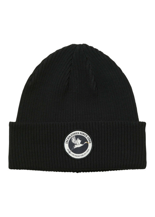 Bonnet en coton noir uni en maille avec un patch sur le revers