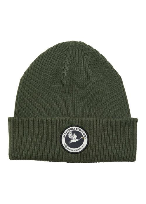 Bonnet en coton kaki uni en maille avec un patch sur le revers