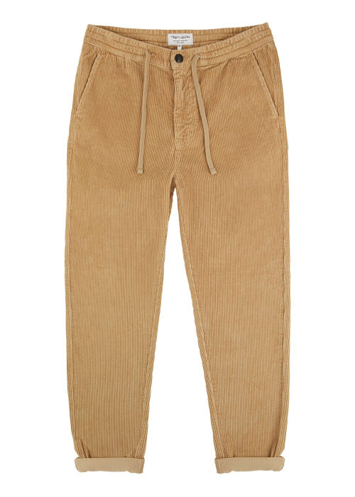Pantalon en coton beige en velours côtelé à coupe regular fit avec des liens