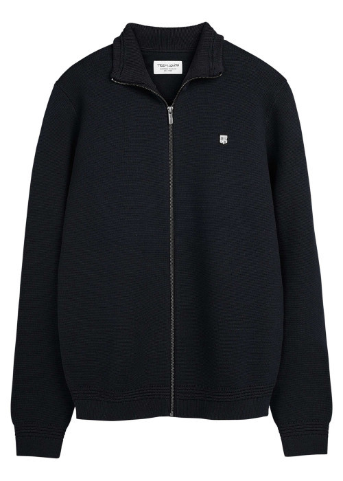 Gilet zippé en coton bleu marine uni en maille avec un col à revers