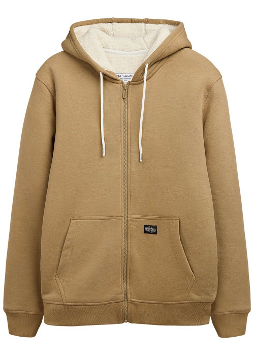 Sweat à capuche zippé en coton mélangé beige uni à coupe droite
