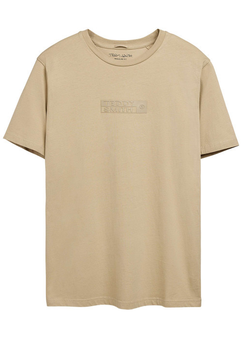 T-shirt en coton beige uni avec le nom de la marque à la poitrine et à col rond