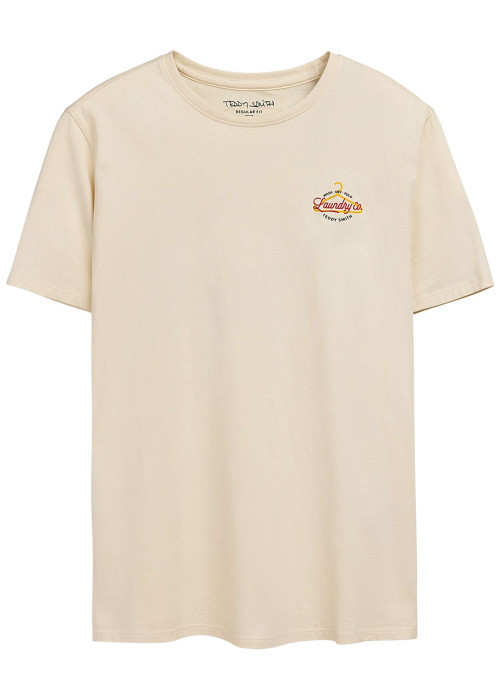 T-shirt en coton beige imprimé laundry au dos et à la poitrine à col rond