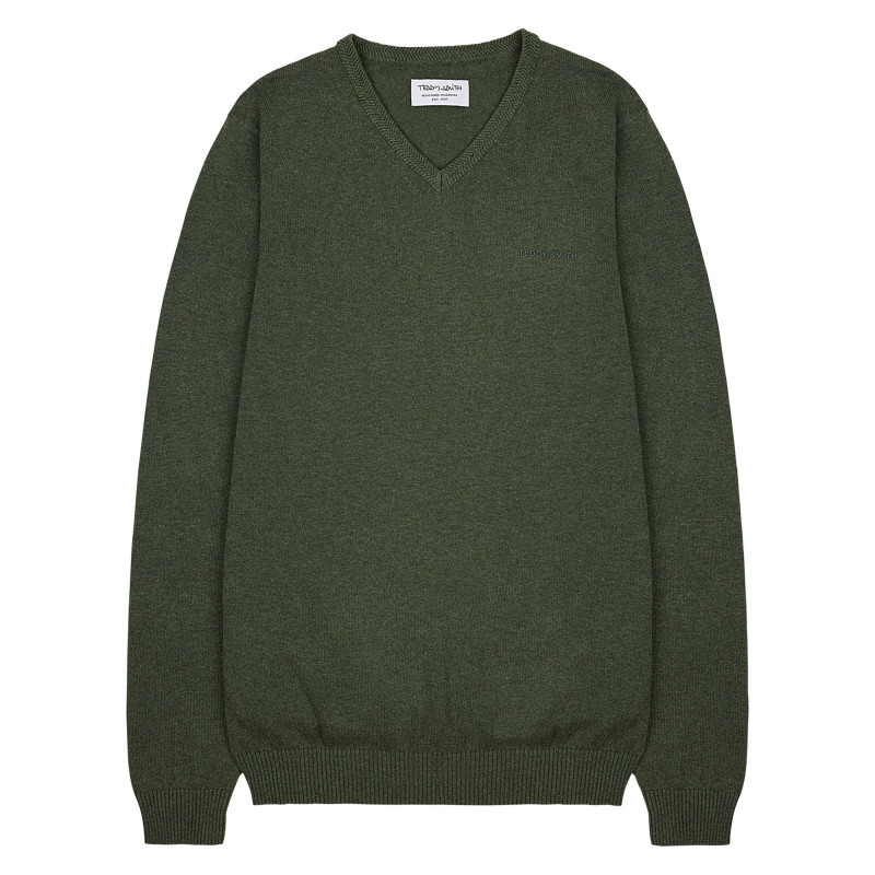 Teddy Smith - Pull En Coton Kaki Uni à Col V Avec Le Nom De La Marque En Petit - Kaki