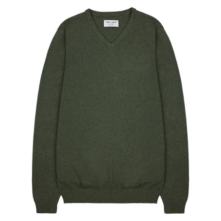 Pull en coton kaki uni à col v avec le nom de...
