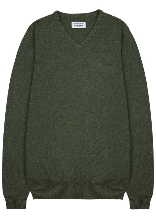 Pull en coton kaki uni à col v avec le nom de la marque en petit