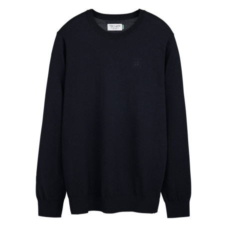 Pull bleu marine uni en maille avec un col rond...