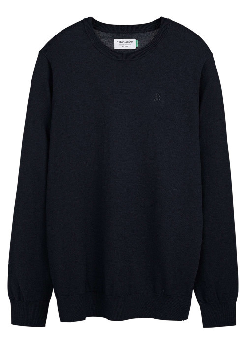 Pull bleu marine uni en maille avec un col rond et une coupe droite