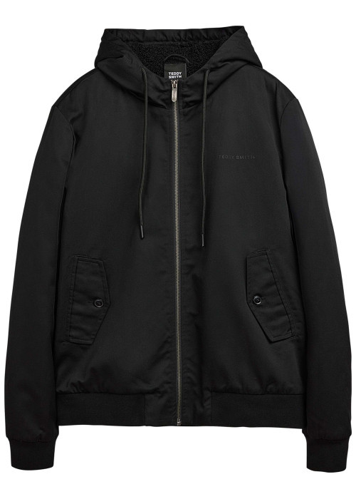 Blouson à capuche noir uni zippé à coupe droite avec le nom de la marque