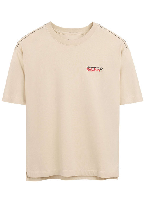 T-shirt en coton beige à col rond imprimé hot dog à la poitrine et au dos