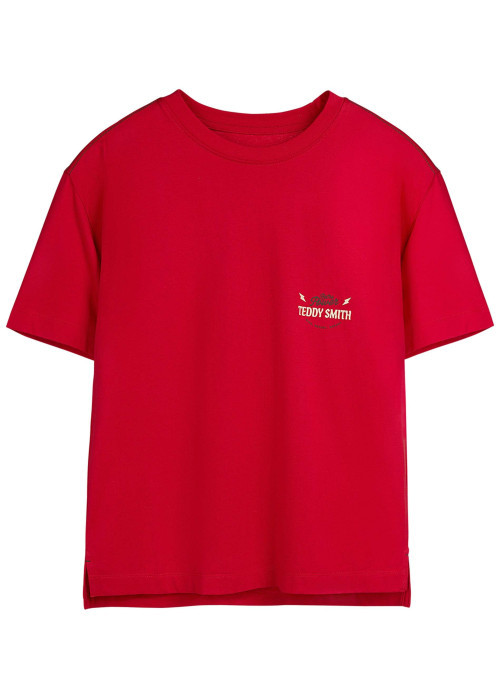 T-shirt en coton rouge imprimé à la poitrine et au dos avec un col rond
