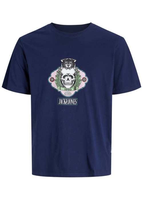 T-shirt en coton marine avec un imprimé squelette et un col rond