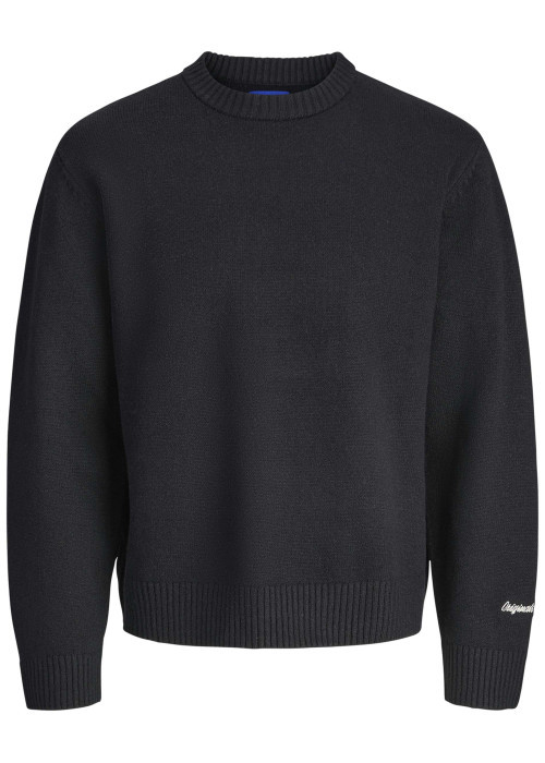 Pull noir uni en maille fine avec une coupe droite et un col rond