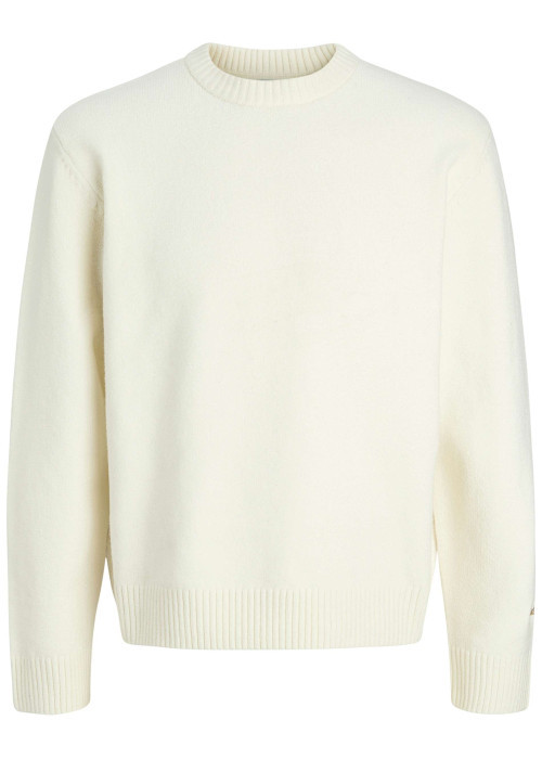 Pull écru uni en maille fine avec une coupe droite et un col rond