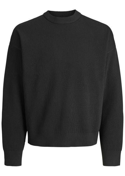 Pull noir uni en maille côtelée avec une coupe droite et un col rond