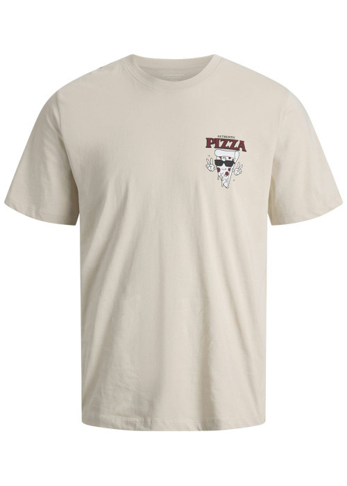 T-shirt en coton beige avec une pizza imprimée et un col rond