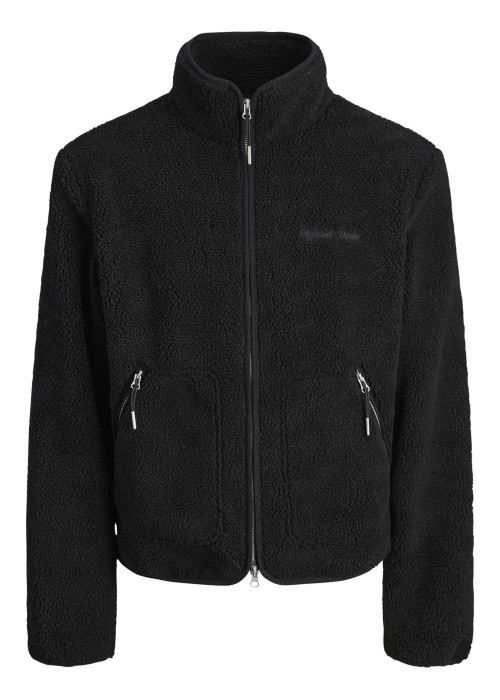 Blouson noir uni en sherpa avec une coupe droite et un col montant