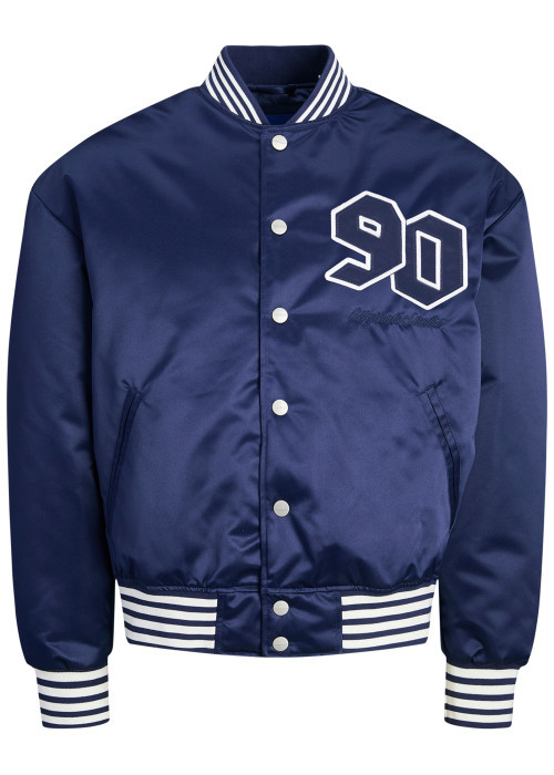 Bomber bleu marine rayé avec une coupe droite et des boutons pressions