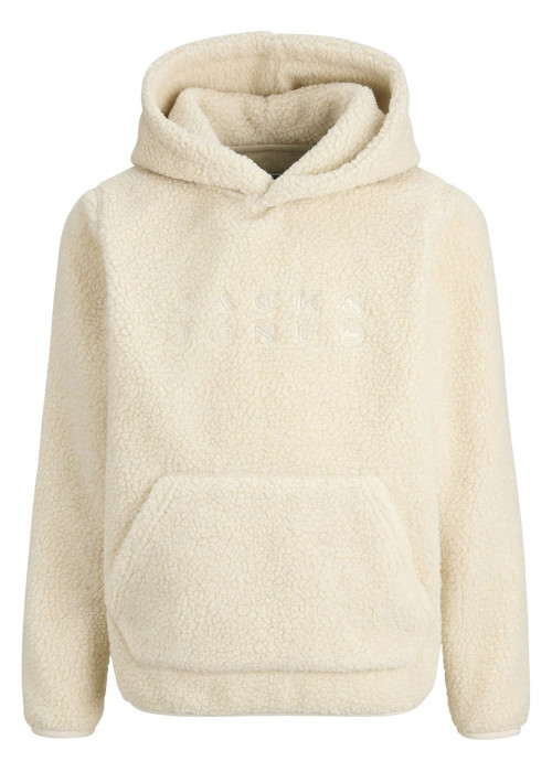 Sweat écru uni en sherpa avec une coupe droite et un col à capuche