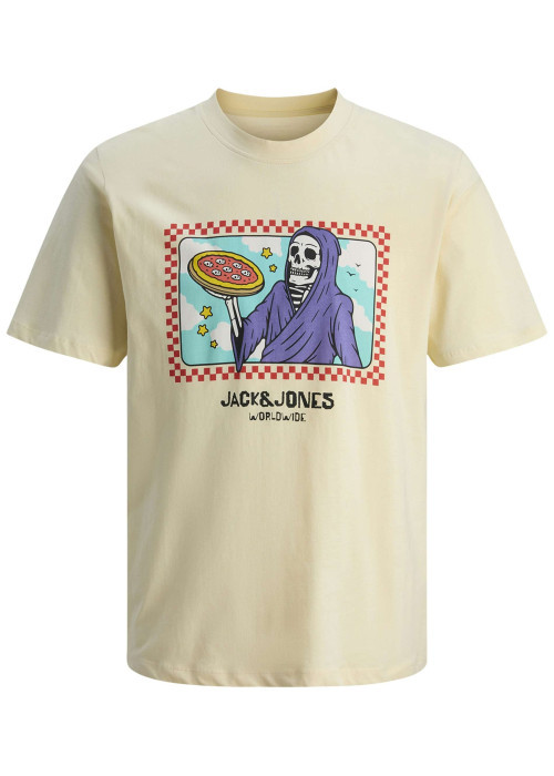 T-shirt en coton écru avec un squelette imprimé et un col rond