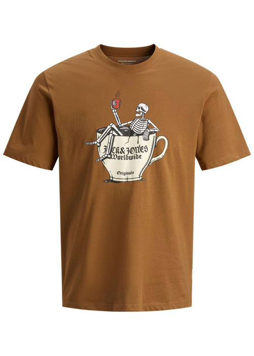 T-shirt en coton camel avec un squelette imprimé et un col rond