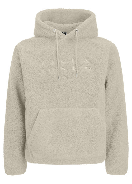 Sweat écru uni en sherpa avec une coupe droite et un col à capuche