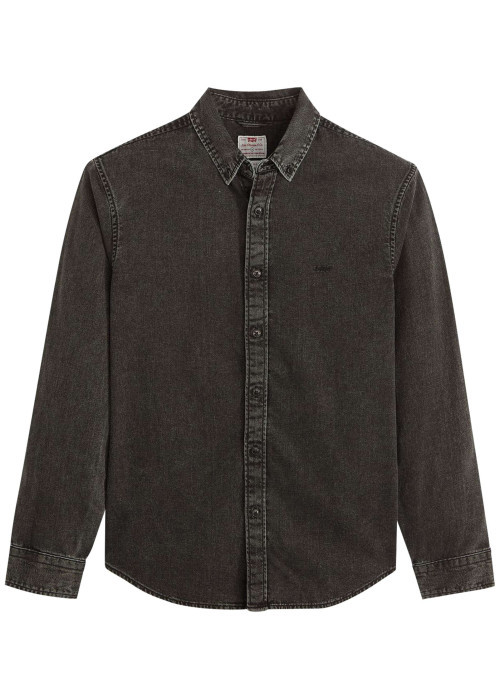 Chemise en coton anthracite en jean avec une coupe droite et un col américain