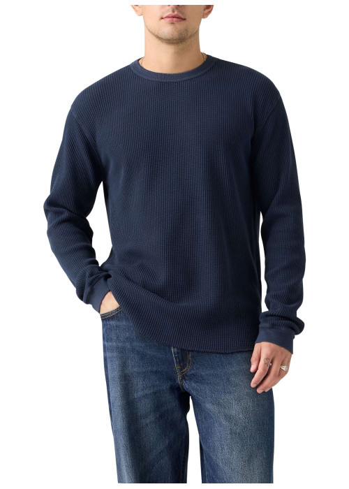 T-shirt en coton bleu marine en maille gaufrée avec un col rond
