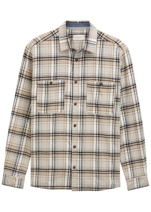 Chemise en coton beige à motif écossais pourvue d'une boutonnière