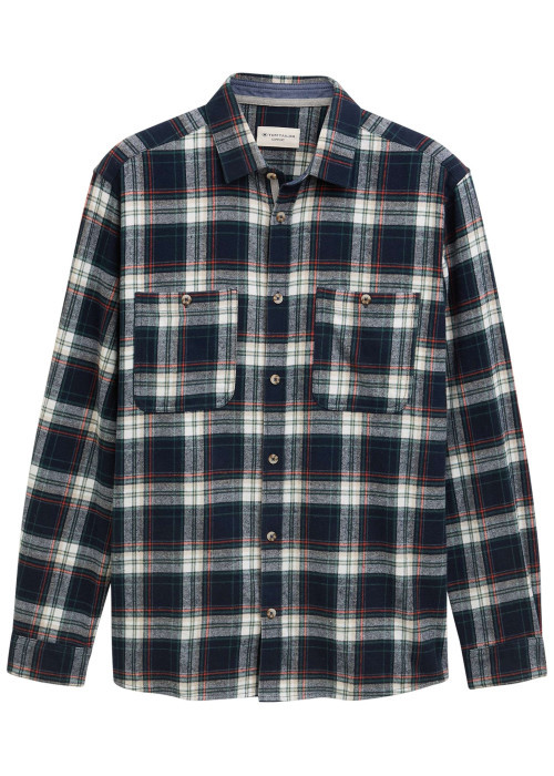 Chemise en coton marine à motif écossais pourvue d'une boutonnière