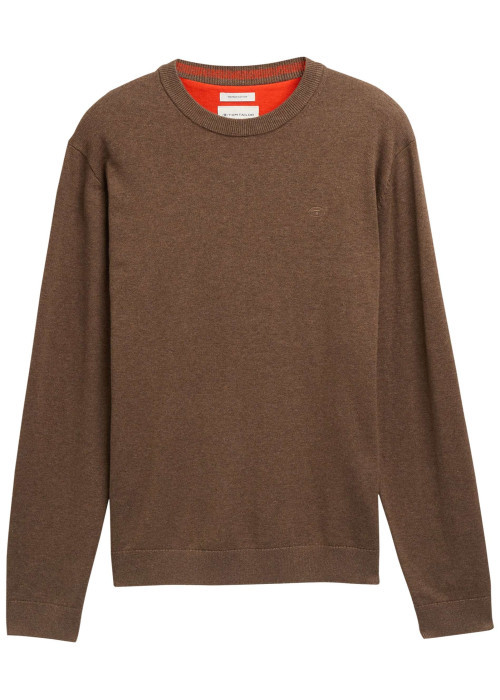 Pull en coton brun uni avec un col rond et des manches longues