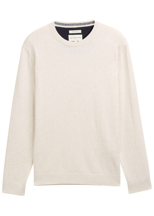 Pull en coton écru uni avec un col rond et des manches longues