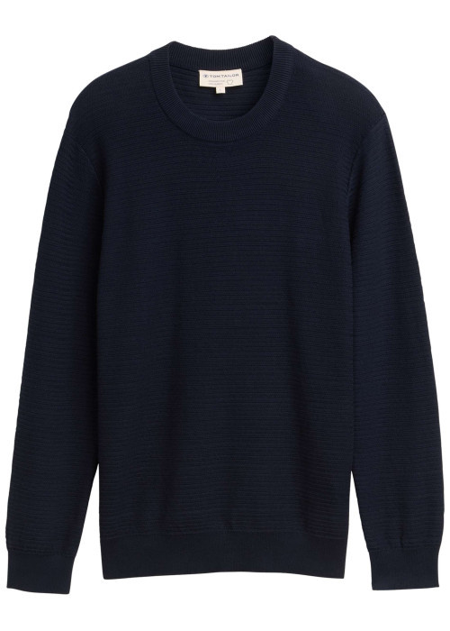 Pull en coton marine uni avec un col rond et des manches longues