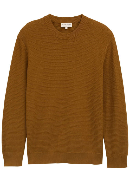 Pull en coton camel uni avec un col rond et des manches longues