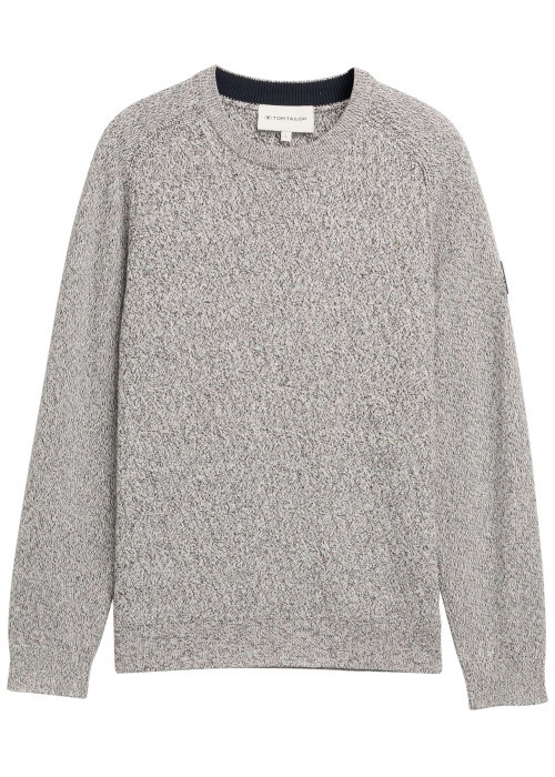 Pull en coton gris clair moucheté avec un col rond et des manches longues