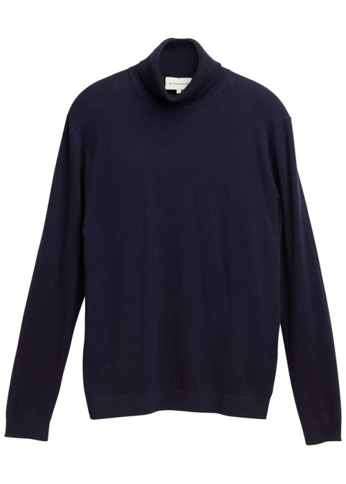 Pull en coton marine uni avec un col roulé et des manches longues