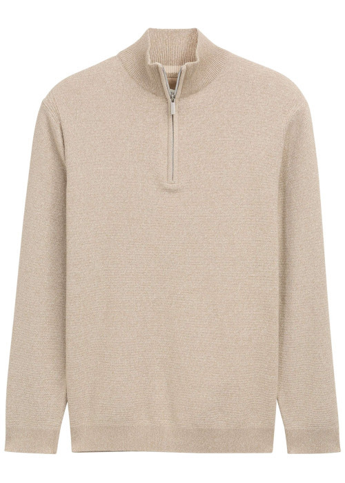 Pull en coton beige uni avec un col camionneur et des manches longues
