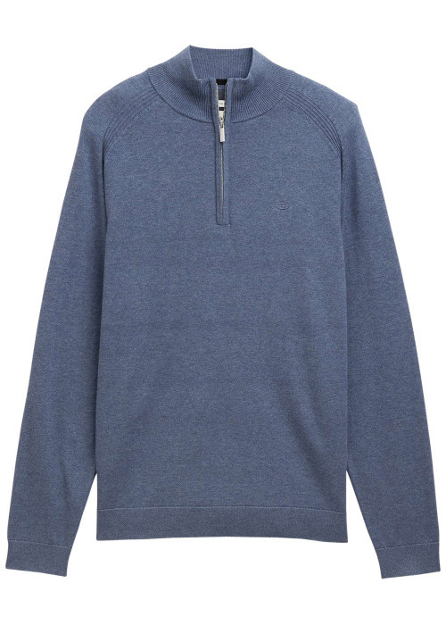 Pull en coton bleu uni avec un col camionneur côtelé à zip
