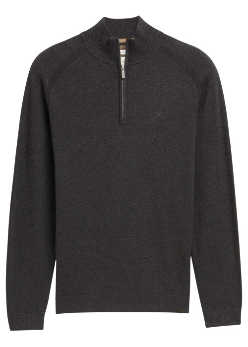 Pull en coton anthracite uni avec un col camionneur côtelé à zip