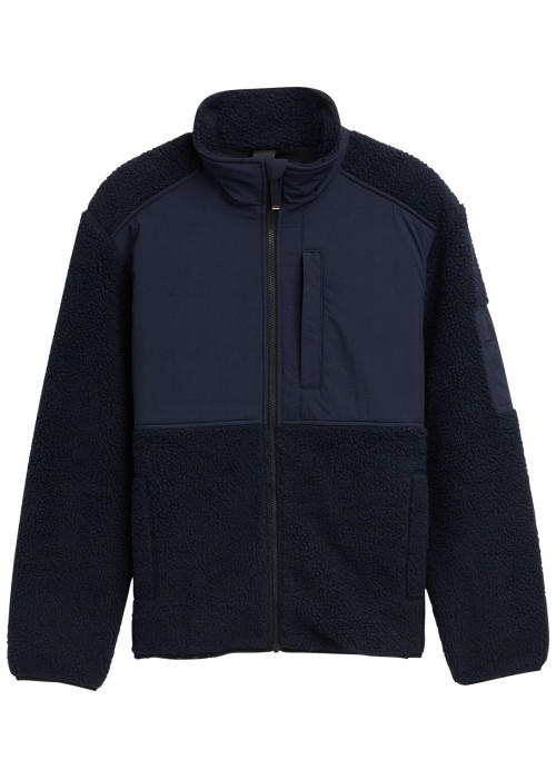 Sweat bi-matière marine uni avec un col montant et glissière