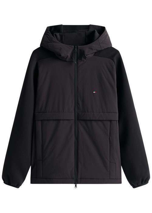 Blouson noir avec un col à capuche et une fermeture à glissière