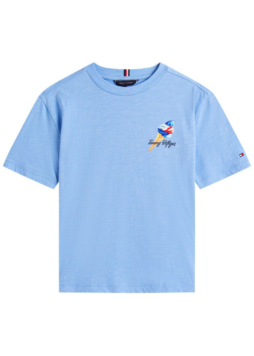 T-shirt à coupe droite en coton bleu uni pourvu d'un col rond