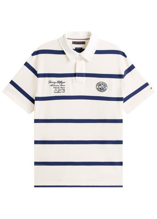 Polo Tommy Hilfiger coton avec manches courtes et col boutonné écru rayé