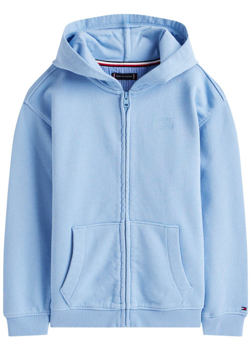 Sweat en coton bleu uni pourvu d'un col à capuche et fermeture à glissière